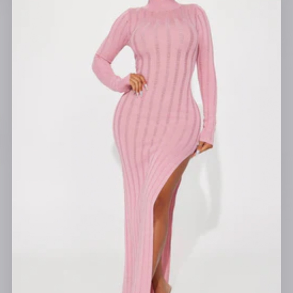 Fashion Nova Pink Ribbed Bodycon Dress with Bishop Sleeves